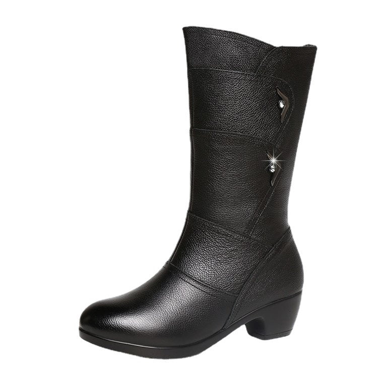 Bottines d'hiver en cuir noir hauteur mi-mollet
